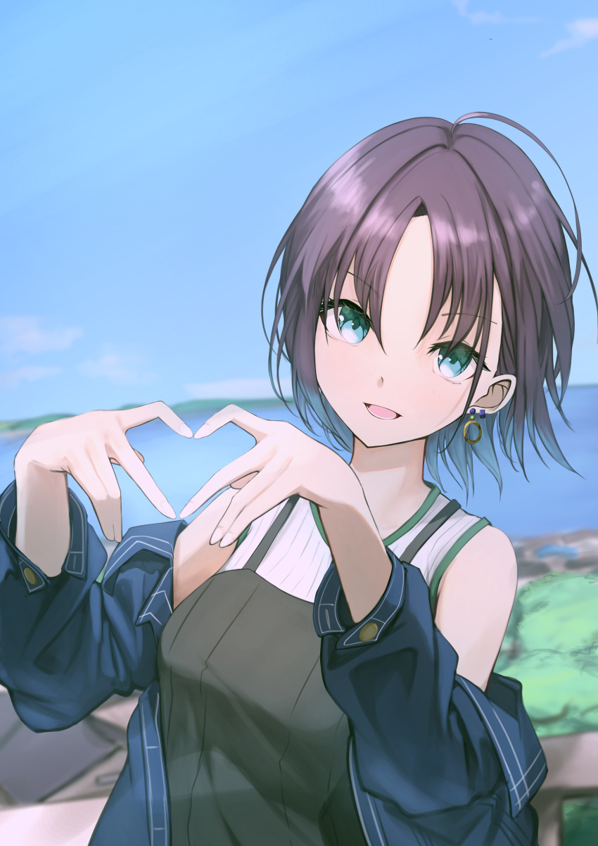 1girl, 4-finger_heart_hands, absurdres, ahoge, asakura_toru, black_dress, blurry, blurry_background