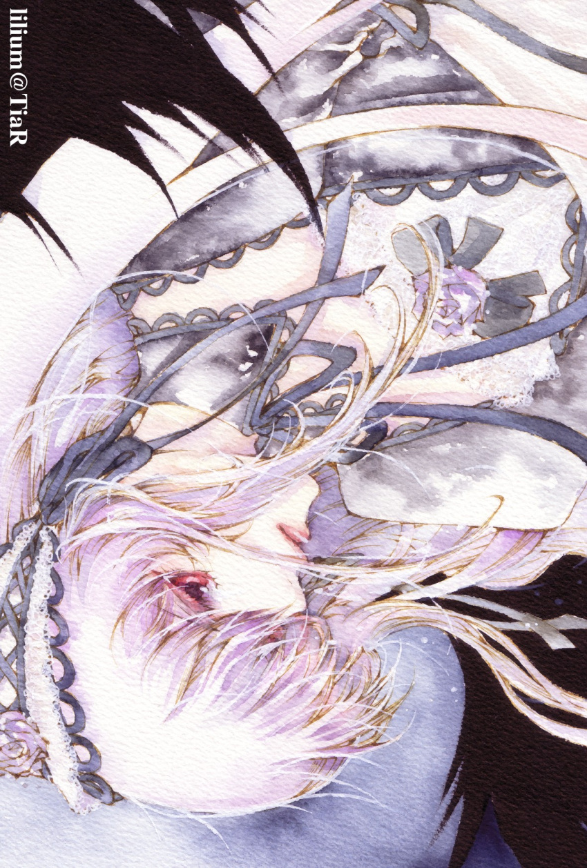 colored_eyelashes, eyelashes, frills, gothic_lolita, highres, lavender_hair, lips, lolita_fashion