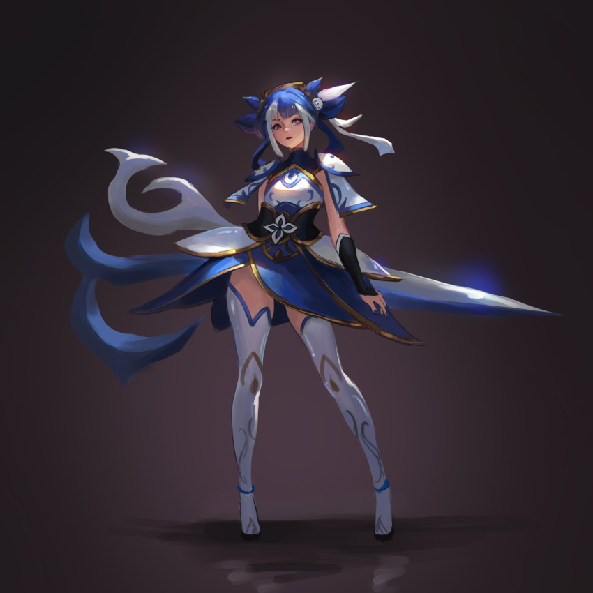 1girl, black_background, black_sleeves, blue_dress, blue_hair, closed_mouth, detached_sleeves, double_bun, dress, gradient_background, grey_eyes, gwen_(league_of_legends), hair_bun, high_heels, highres, holding, holding_scissors, league_of_legends, lucy_(somewhat_irked), multicolored_hair, oversized_object, porcelain_(league_of_legends), red_lips, scissors, shiny_clothes, shoes, thigh-highs, two-tone_hair, white_dress, white_hair, white_thighhighs