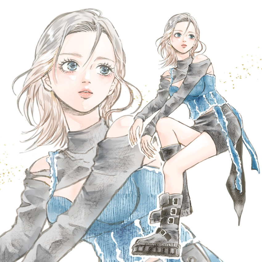 1girl, animification, black_footwear, black_shorts, black_shrug, blonde_hair, blue_eyes, blue_shirt