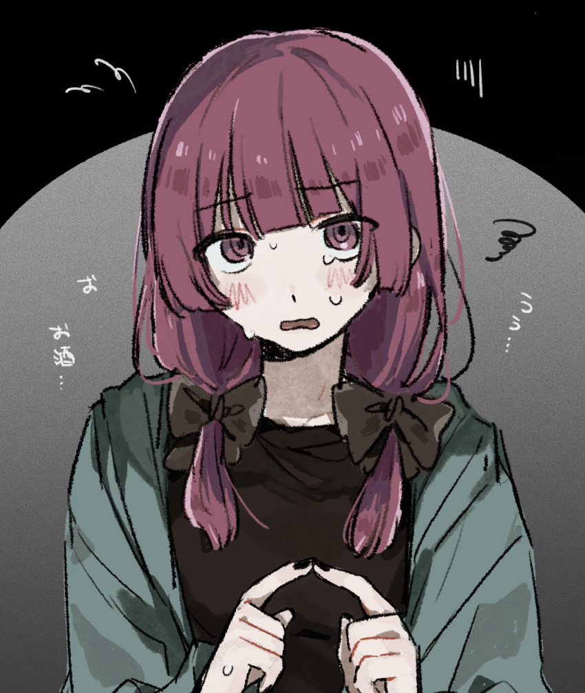 1girl, aged_down, black_bow, black_nails, black_shirt, blunt_bangs, blush, bocchi_the_rock!