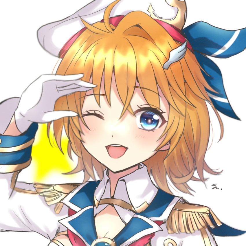 1girl, beret, blue_eyes, epaulettes, gloves, hat, highres, kamome_(shironeko_project)