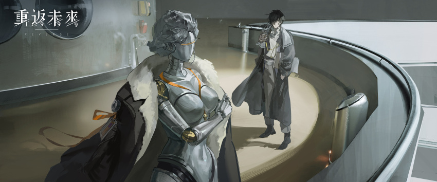 1boy, 1girl, black_coat, black_footwear, black_hair, breasts, coat, coat_on_shoulders