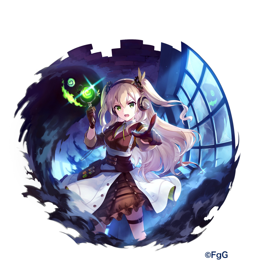 1girl, absurdres, brown_gloves, brown_headphones, brown_jacket, brown_skirt, collared_shirt, commentary_request, double-parted_bangs, ghost, gloves, green_eyes, highres, indoors, ithuriel, jacket, long_hair, looking_at_viewer, magnifying_glass, mai.e, neck_ribbon, official_alternate_costume, official_art, open_mouth, outstretched_arm, phantom_of_the_kill, ribbon, second-party_source, shirt, skirt, sleeves_rolled_up, solo, standing, test_tube, thigh_strap, white_shirt, window, yellow_ribbon