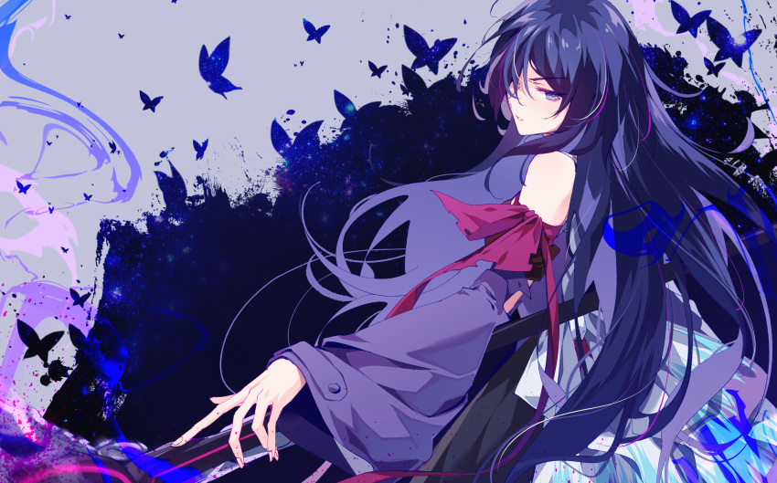 1boy, aer007580, blue_butterfly, bug, butterfly, from_side, highres, holding, holding_polearm, holding_weapon, honkai:_star_rail, honkai_(series), long_hair, long_sleeves, parted_lips, polearm, purple_hair, seele_(honkai:_star_rail), solo, very_long_hair, violet_eyes, weapon, wide_sleeves