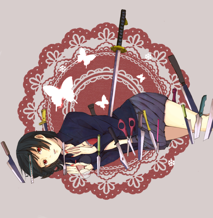 amyu_amyu, black_hair, bob_cut, boxcutter, bra, breasts, butterfly, cleavage, durarara!!, fingernails, fork, glasses, glasses_removed, highres, knife, large_breasts, lingerie, lying, machete, nail, nail_polish, nails, on_side, open_clothes, open_shirt, pleated_skirt, red_bra, red_eyes, school_uniform, scissors, shirt, short_hair, skirt, snowflakes, solo, sonohara_anri, sword, underwear, weapon