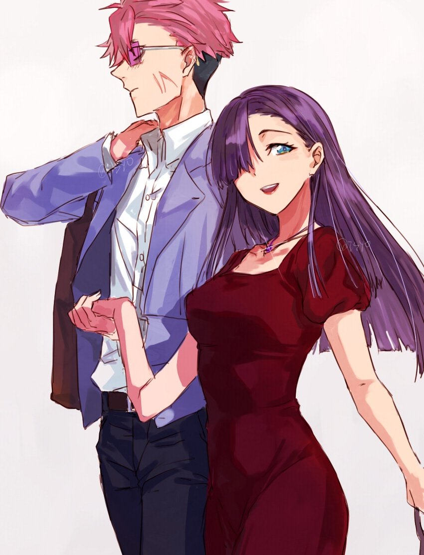 1boy, 1girl, belt, blue_eyes, couple, dress, gauma, gridman_universe, gridman_universe_(film), hair_between_eyes, hair_over_one_eye, hetero, jacket, jewelry, long_hair, long_sleeves, official_alternate_costume, open_mouth, pants, princess_(dynazenon), red_dress, redhead, risyo, scar, scar_on_face, shirt, short_hair, simple_background, smile, sunglasses