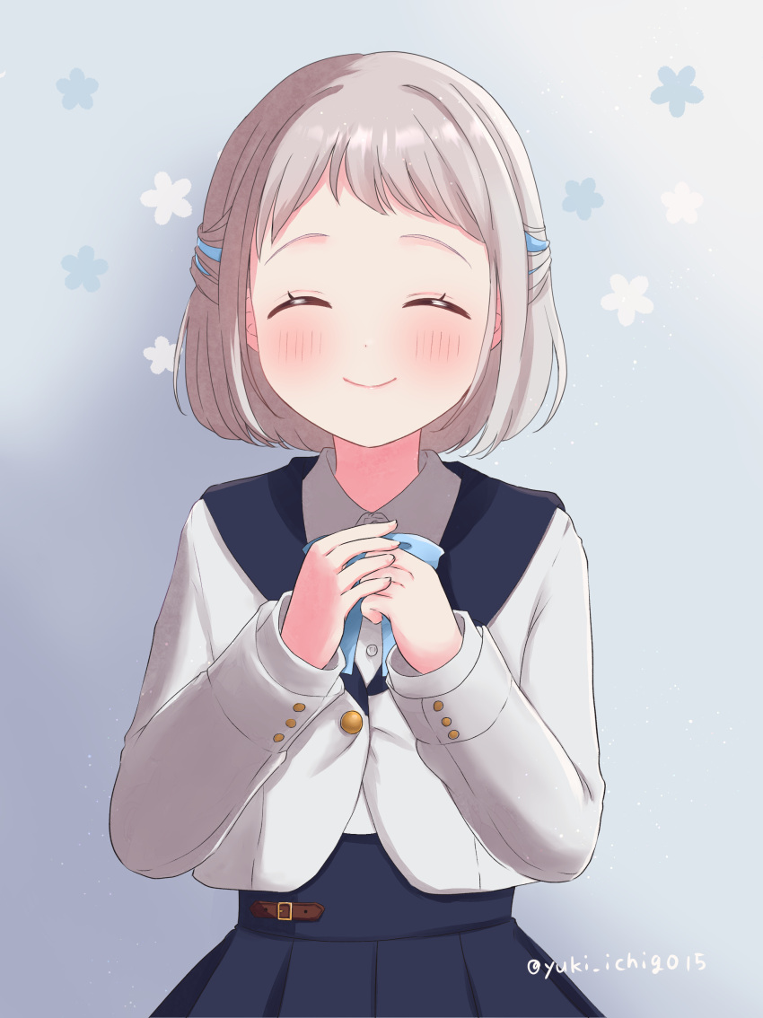 1girl, ^_^, absurdres, blue_ribbon, blue_skirt, blush, closed_eyes, commentary_request, facing_viewer, gakuen_idolmaster, hair_ribbon, half_up_braid, hatsuboshi_gakuen_school_uniform, highres, idolmaster, jacket, katsuragi_lilja, long_sleeves, neck_ribbon, own_hands_together, pleated_skirt, ribbon, ribbon_braid, school_uniform, skirt, smile, solo, twitter_username, white_jacket, yuki_ichigo15