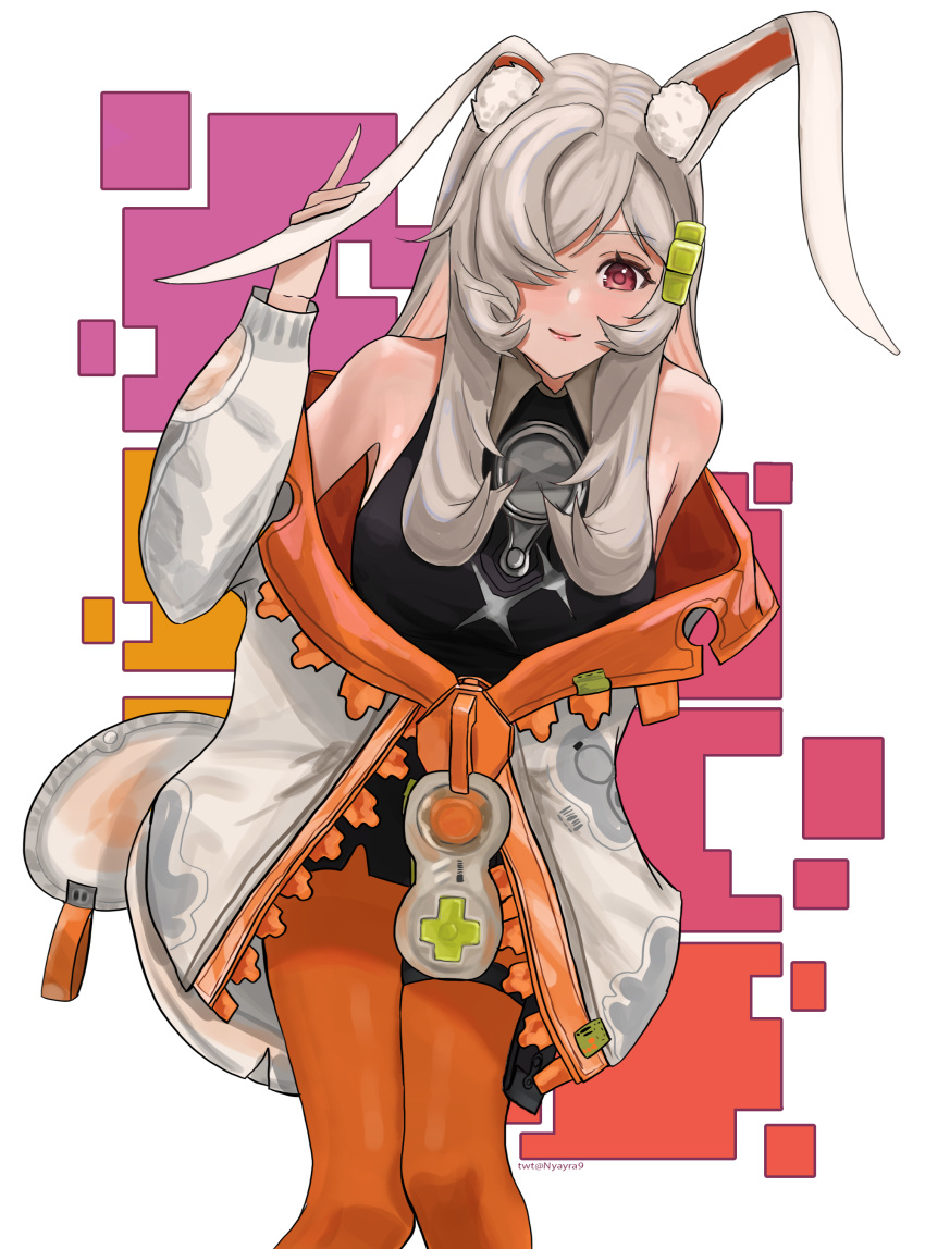 1girl, absurdres, animal_ears, bad_link, bare_shoulders, fate_trigger:_the_novita, hair_ornament, hair_over_one_eye