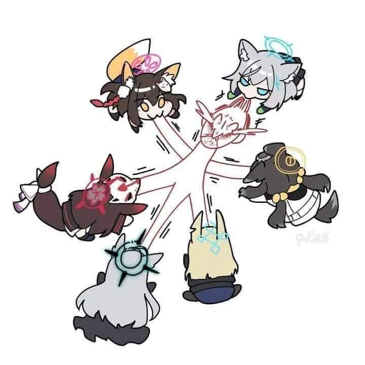 1boy, animal_ears, blue_archive, halo, izuna_(blue_archive), long_hair, medium_hair, multiple_girls, sensei_(blue_archive), shiroko_(blue_archive), tug-of-war, wakamo_(blue_archive)