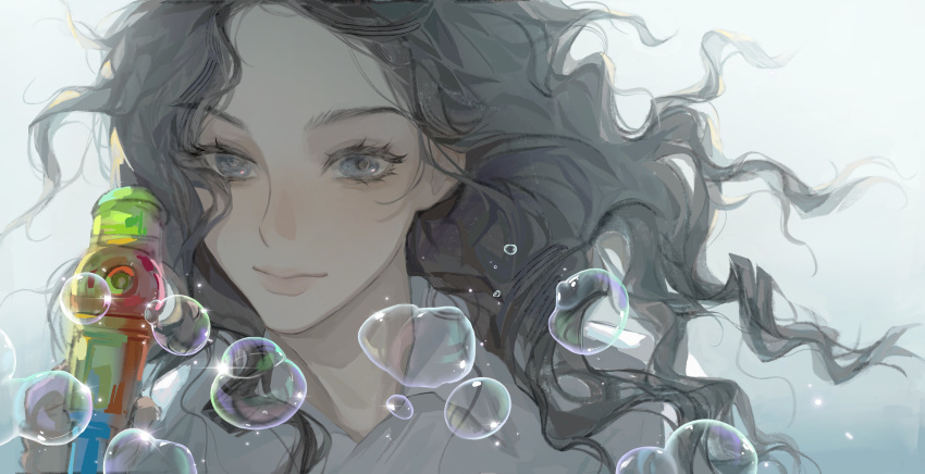 1girl, absurdres, animification, black_hair, blue_eyes, blush, bubble, bubble_gum_(newjeans)