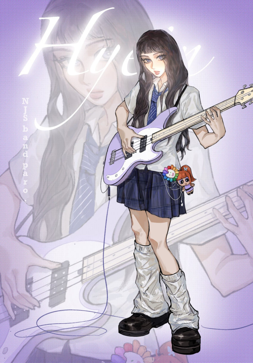 1girl, black_footwear, blue_necktie, blue_skirt, cable, character_doll, character_name, collared_shirt