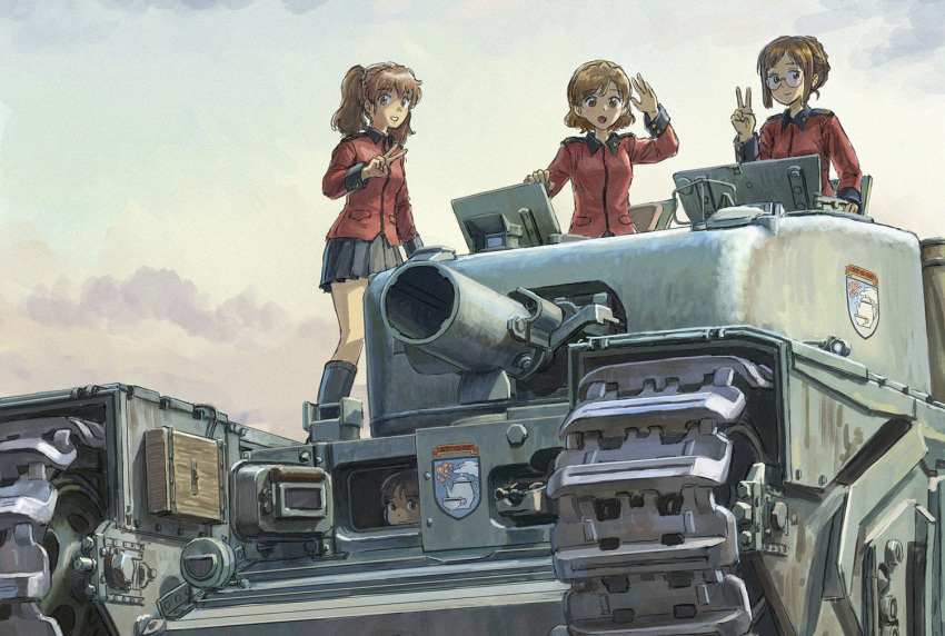 4girls, boots, brown_eyes, brown_hair, collared_jacket, commentary_request, girls_und_panzer, glasses