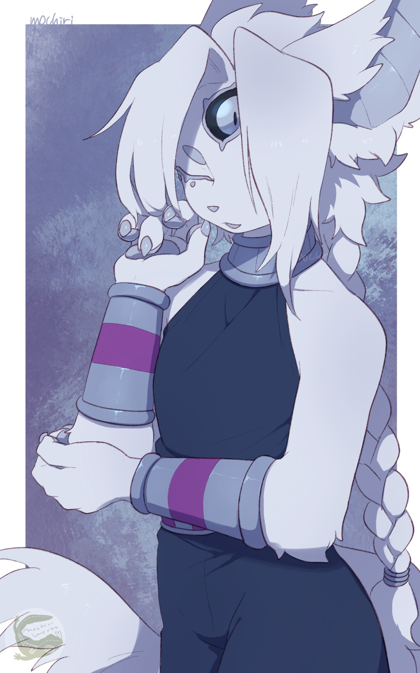1boy, absurdres, animal_ears, arched_bangs, artist_logo, body_fur, border, bracer, braid, claws, closed_eyes, colored_eyelashes, fewer_digits, furry, furry_male, highres, long_bangs, long_hair, male_focus, mochiri_(mochiri_work), original, parted_bangs, purple_background, signature, single_braid, sleeveless, slit_pupils, solo, tail, third_eye, watermark, white_border, white_fur, white_hair