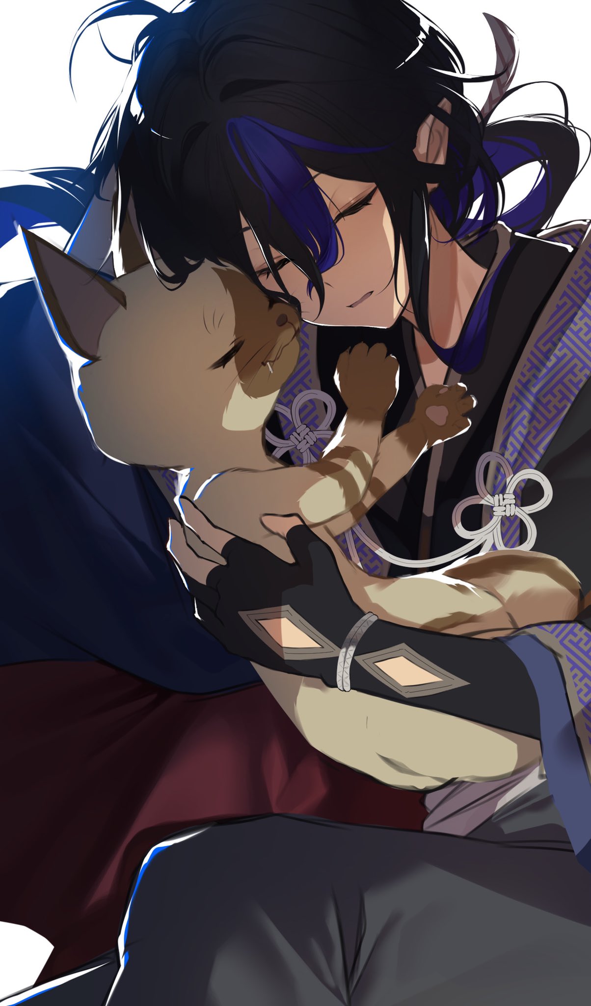 1boy, animal, black_hair, cat, felyne, gloves, highres, holding