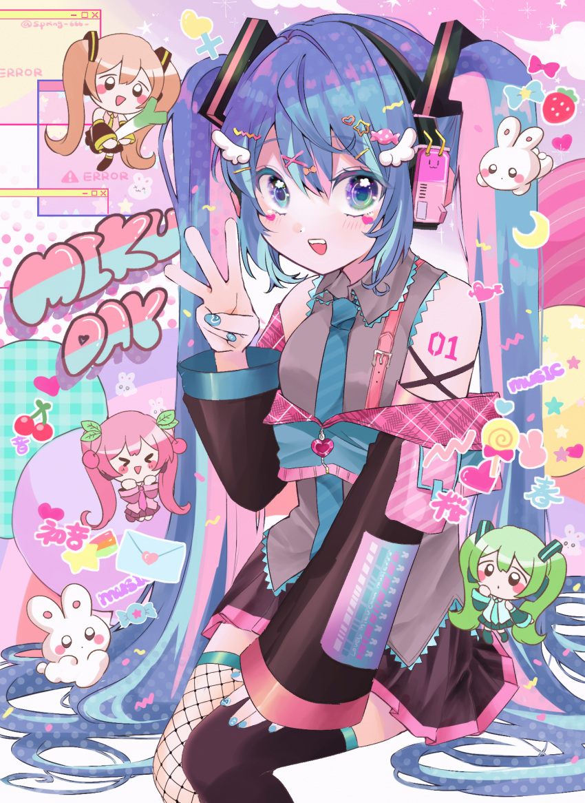 >_<, 4girls, :d, aqua_hair, aqua_necktie, arm_tattoo, black_footwear, black_skirt