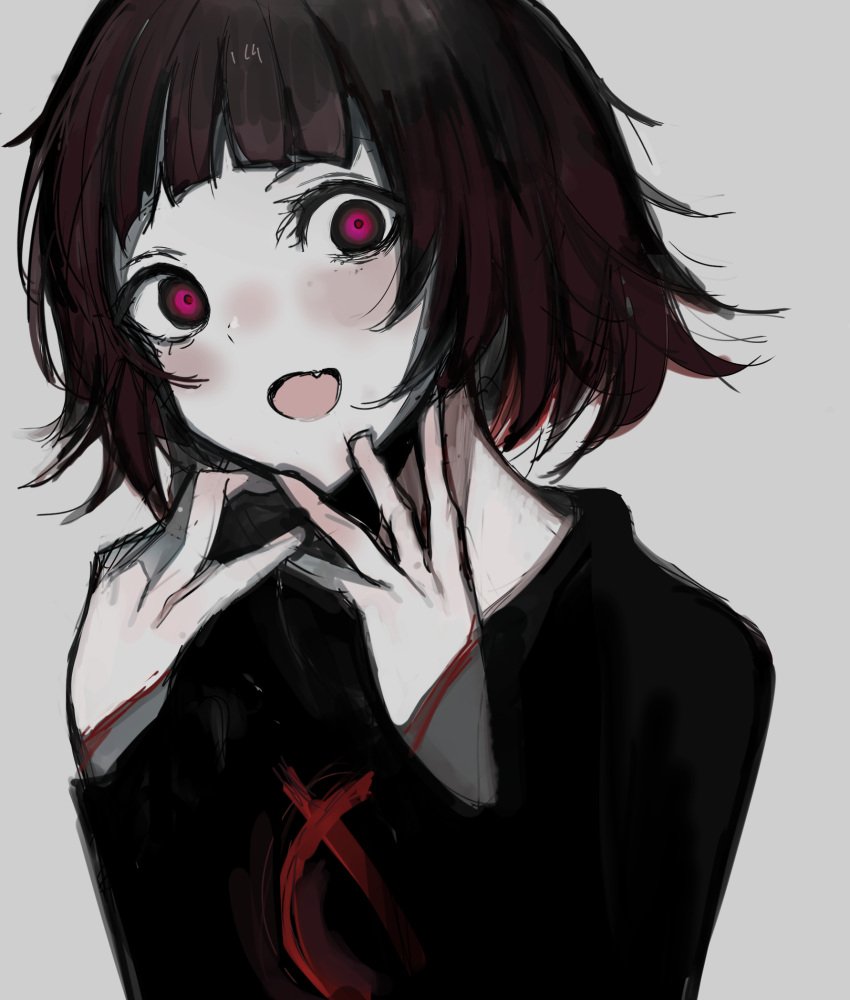 1girl, :o, black_hair, blunt_bangs, blush, chuhaibane, crazy_eyes, dot_nose