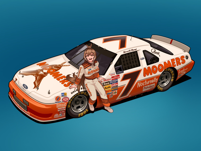 1girl, absurdres, arhentol, blue_background, brown_eyes, brown_hair, brown_jumpsuit, car
