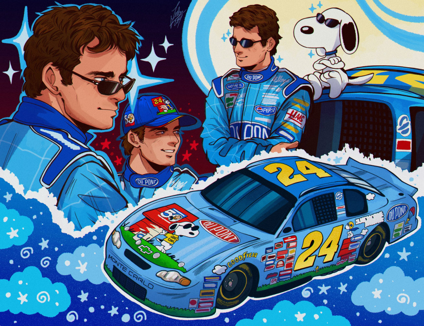 1boy, baseball_cap, blue_hat, blue_jumpsuit, car, chevrolet, chevrolet_monte_carlo, crossed_arms