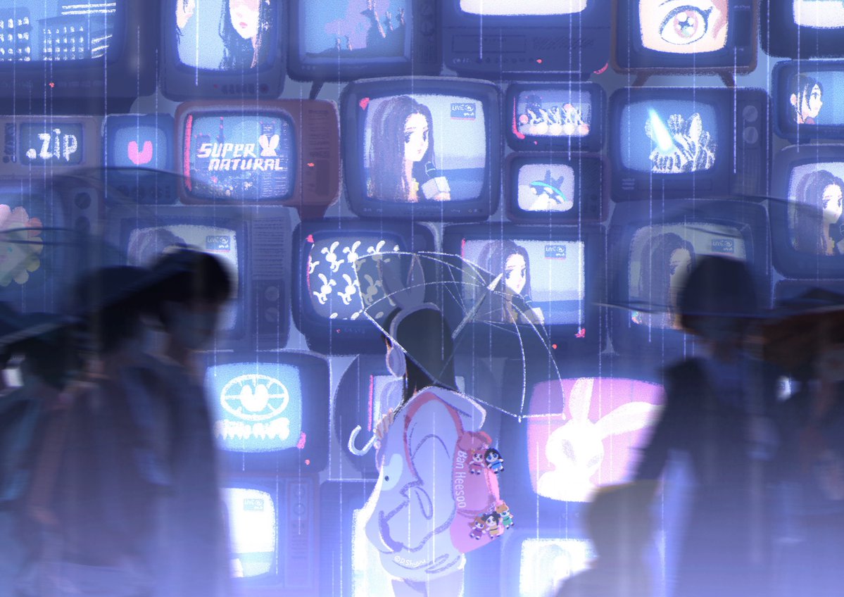 1girl, animal_ear_headphones, animal_ears, backpack, bag, black_hair, blurry, blurry_foreground, crowd, danielle_(newjeans), dshuyu, english_commentary, fake_animal_ears, get_up_(newjeans), grey_hoodie, haerin_(newjeans), hanni_(newjeans), headphones, holding, holding_umbrella, hood, hood_down, hoodie, hyein_(newjeans), k-pop, minji_(newjeans), newjeans, powerpuff_girls, rabbit_ear_headphones, television, umbrella, walking