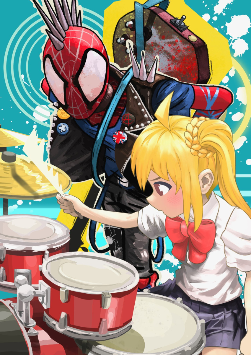 1boy, 1girl, ahoge, aqua_background, arms_behind_back, bent_over, biker_clothes, black_pants