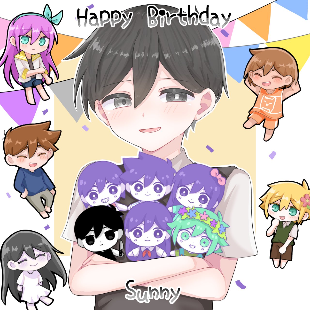 2girls, 4boys, arms_behind_head, arms_up, aubrey_(faraway)_(omori), aubrey_(headspace)_(omori), aubrey_(omori), barefoot