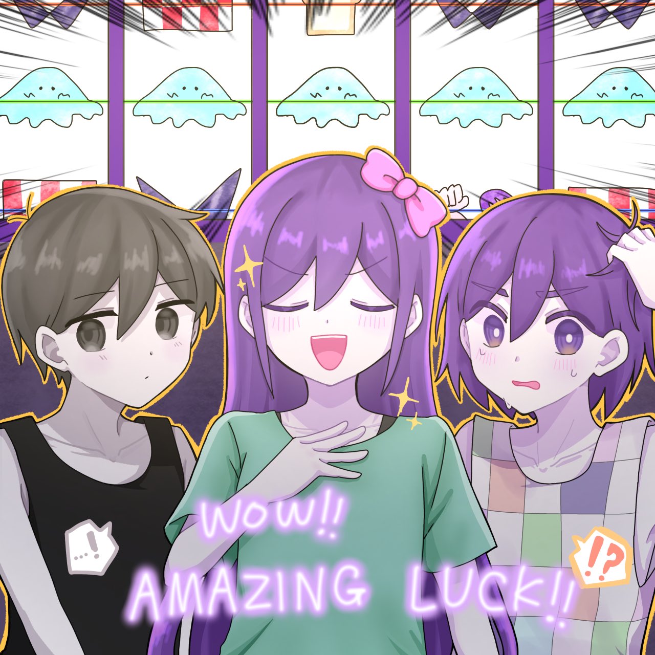 !, !?, ..., ...!, 1girl, 2boys, aubrey_(headspace)_(omori), aubrey_(omori)