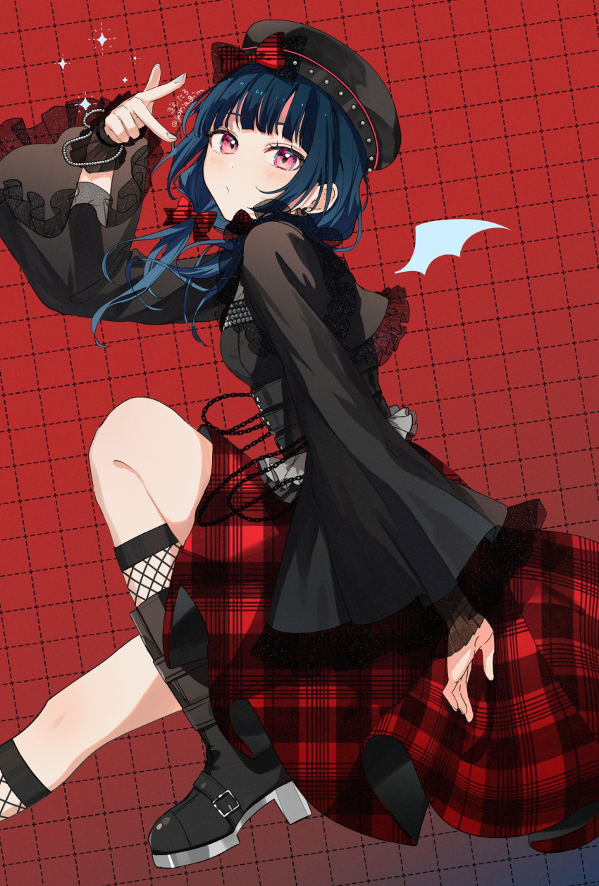 1girl, black_footwear, black_hat, black_shirt, blue_hair, blunt_bangs, blush, boots