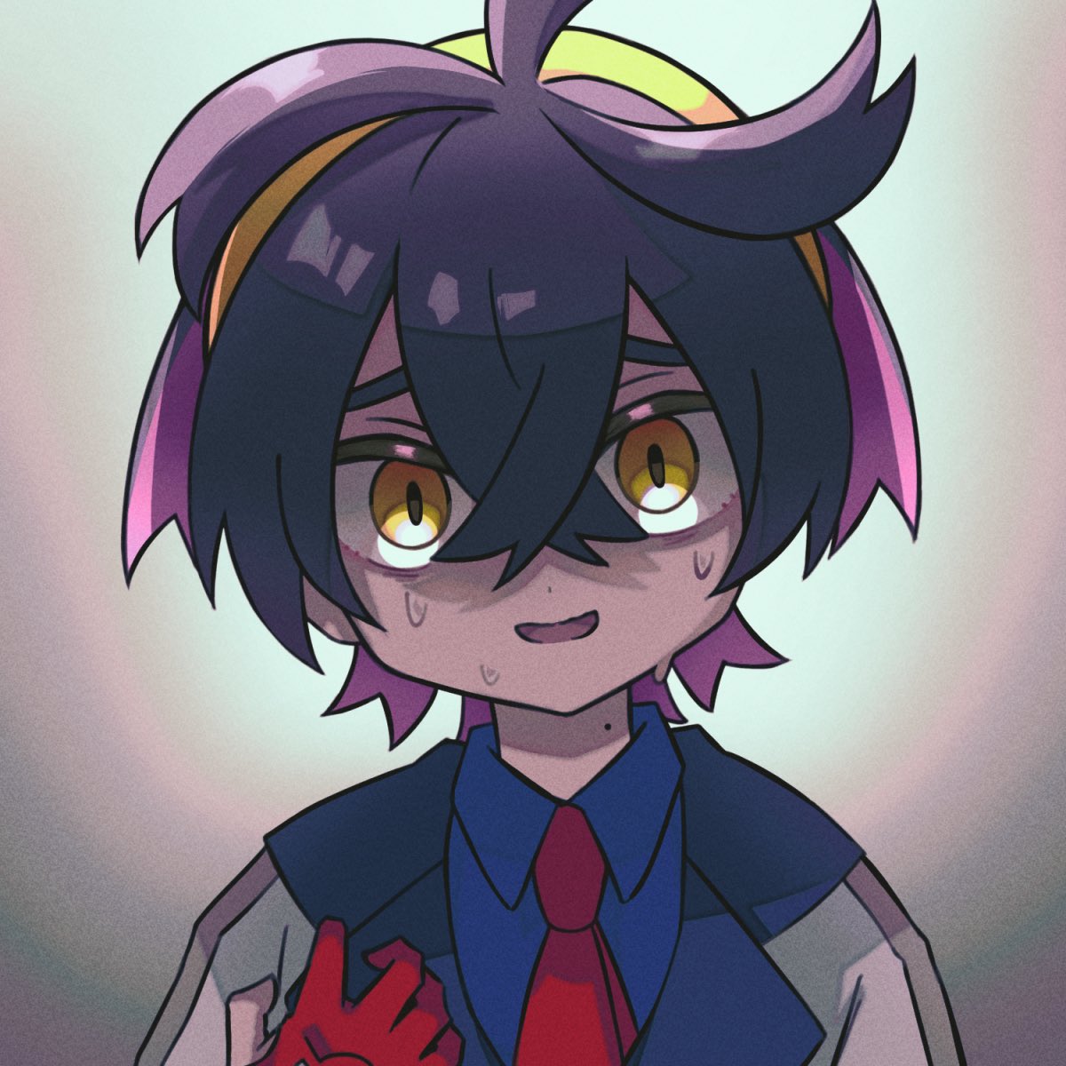 1boy, black_hair, blue_shirt, brown_eyes, collared_shirt, gloves, hair_between_eyes, highres, kieran_(pokemon), kiimorisame, looking_at_viewer, male_focus, mole, mole_on_neck, multicolored_hair, necktie, nervous_smile, nervous_sweating, open_mouth, partially_fingerless_gloves, pokemon, pokemon_sv, purple_hair, red_gloves, red_necktie, shirt, short_hair, smile, solo, sweat, upper_body