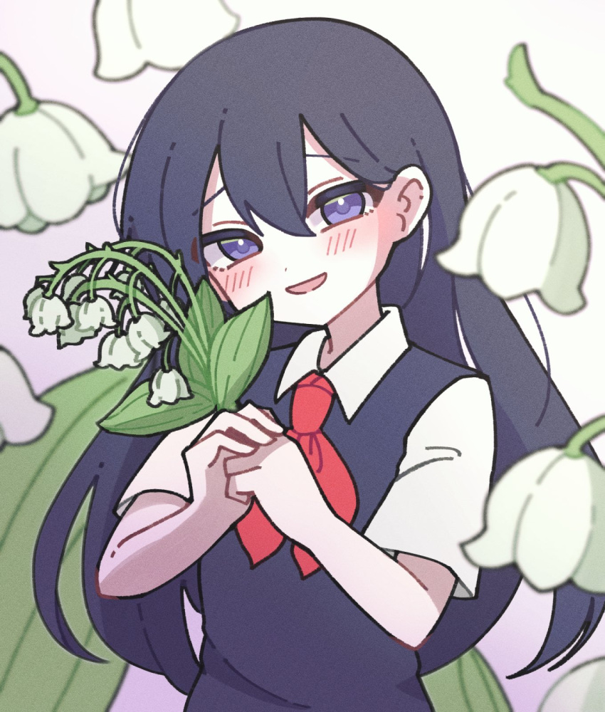 1girl, black_eyes, black_hair, black_sweater_vest, blush, collared_shirt, flower, highres, holding, holding_flower, kiimorisame, lily_of_the_valley, long_hair, looking_at_viewer, mari_(faraway)_(omori), mari_(omori), neckerchief, omori, open_mouth, red_neckerchief, shirt, short_sleeves, smile, solo, sweater_vest, white_shirt