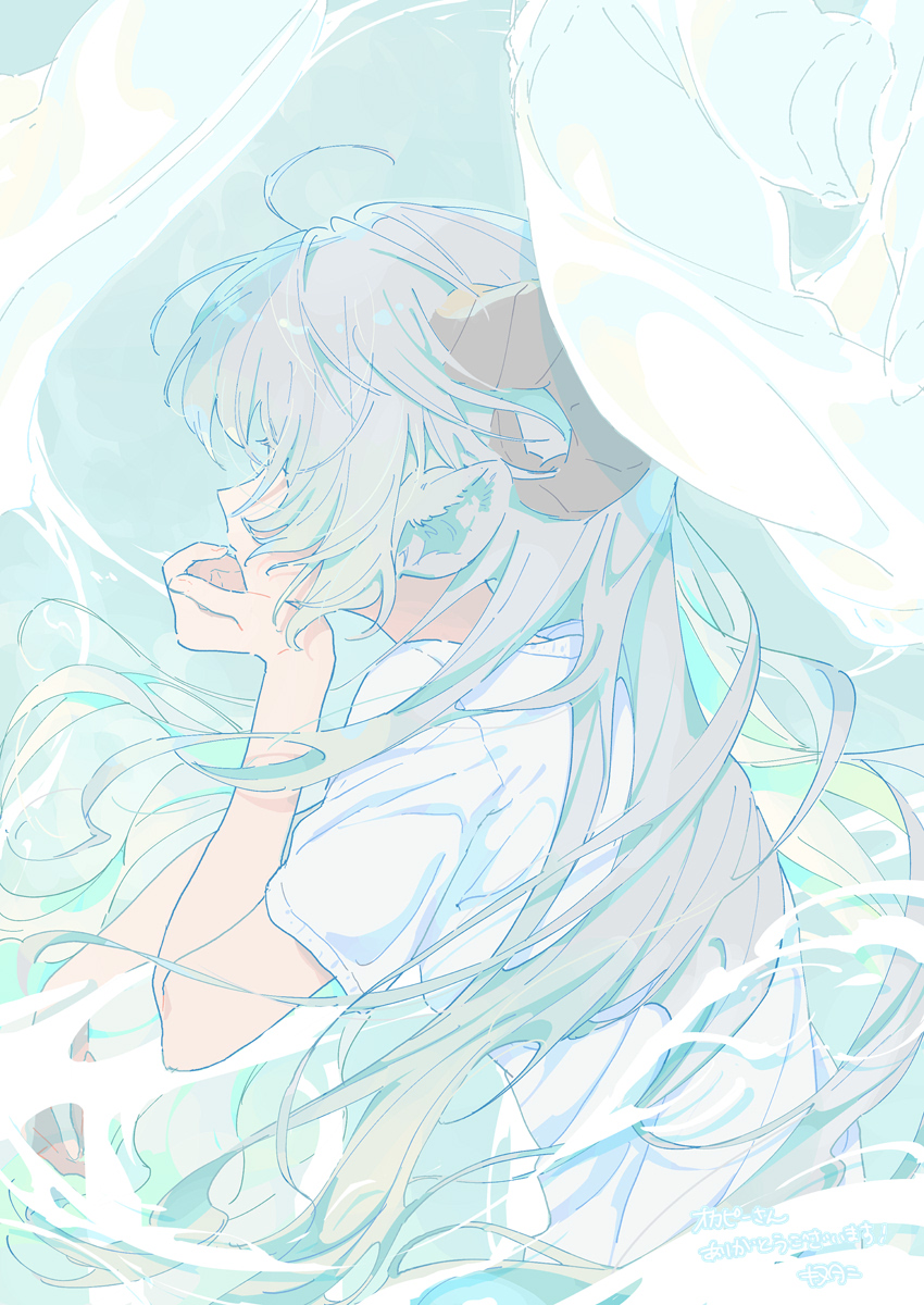 1girl, ahoge, animal_ears, artist_name, black_horns, closed_mouth, commission, curled_horns, floating_hair, from_side, grey_hair, hand_on_own_chin, hand_up, highres, horns, kinutani_yutaka, long_hair, looking_afar, looking_ahead, original, profile, sheep_ears, sheep_girl, sheep_horns, shirt, short_sleeves, sitting, skeb_commission, solo, thank_you, upper_body, very_long_hair, white_shirt