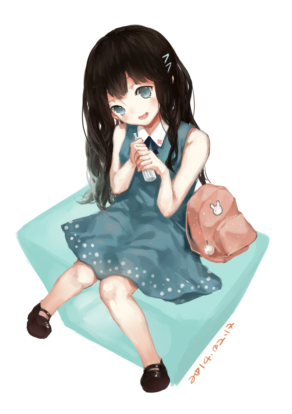 1girl, animal_print, backpack, bag, bag_charm, bare_arms, bare_shoulders, black_footwear