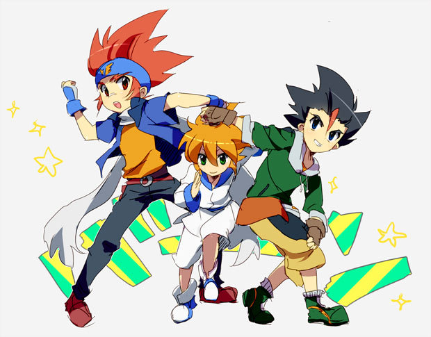 3boys, bandaid, bandaid_on_face, bandaid_on_nose, beyblade, black_hair, black_pants, blue_eyes, blue_gloves, blue_jacket, blue_sleeve_cuffs, brown_eyes, brown_footwear, brown_gloves, fingerless_gloves, gloves, green_eyes, green_footwear, green_jacket, grey_sleeve_cuffs, hagane_ginga, hair_between_eyes, headband, jacket, kadoya_masamune, khaki_pants, male_focus, metal_fight_beyblade, mirki, multicolored_footwear, multicolored_hair, multicolored_pants, multiple_boys, orange_hair, orange_shirt, pants, posing, scarf, shirt, sleeveless, sleeveless_jacket, smile, star_(symbol), streaked_hair, tendou_yuu, white_footwear, white_jacket, white_pants, white_scarf