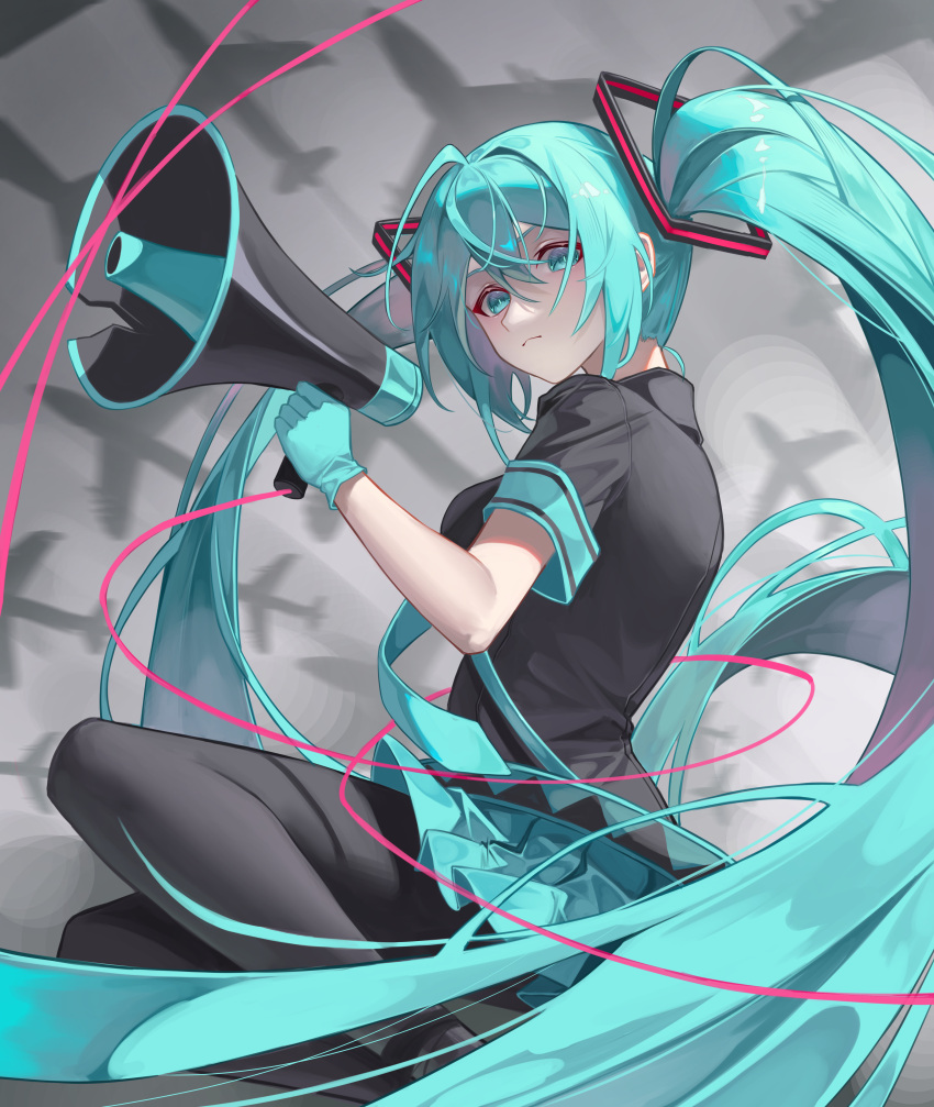 1girl, absurdres, aircraft, airplane, aqua_eyes, aqua_hair, black_pantyhose, black_shirt, blue_gloves, blue_skirt, fenglansishui, floating_hair, frown, gloves, grey_sky, hair_between_eyes, hair_ornament, hatsune_miku, highres, holding, koi_wa_sensou_(vocaloid), long_hair, megaphone, necktie, pantyhose, pleated_skirt, shirt, skirt, sky, solo, twintails, very_long_hair, vocaloid