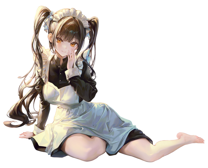 1girl, apron, barefoot, black_dress, brown_eyes, brown_hair, closed_mouth, dress