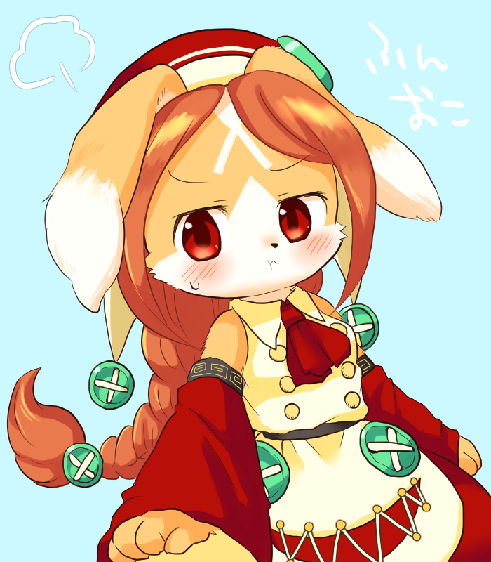1girl, ascot, blue_background, blush, braid, braided_ponytail, buttons, character_request, commentary_request, copyright_request, detached_sleeves, dress, furry, furry_female, hat, long_hair, looking_at_viewer, red_ascot, red_eyes, simple_background, single_braid, solo, standing, wataboshi
