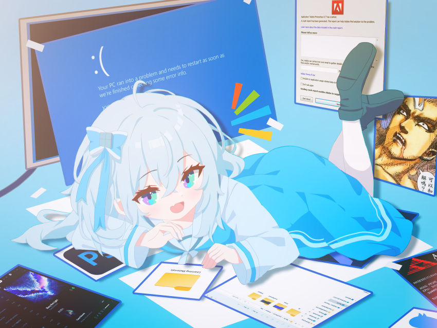 1girl, absurdres, adobe_photoshop, ahoge, american_megatrends, aqua_eyes, black_footwear, blue_bow