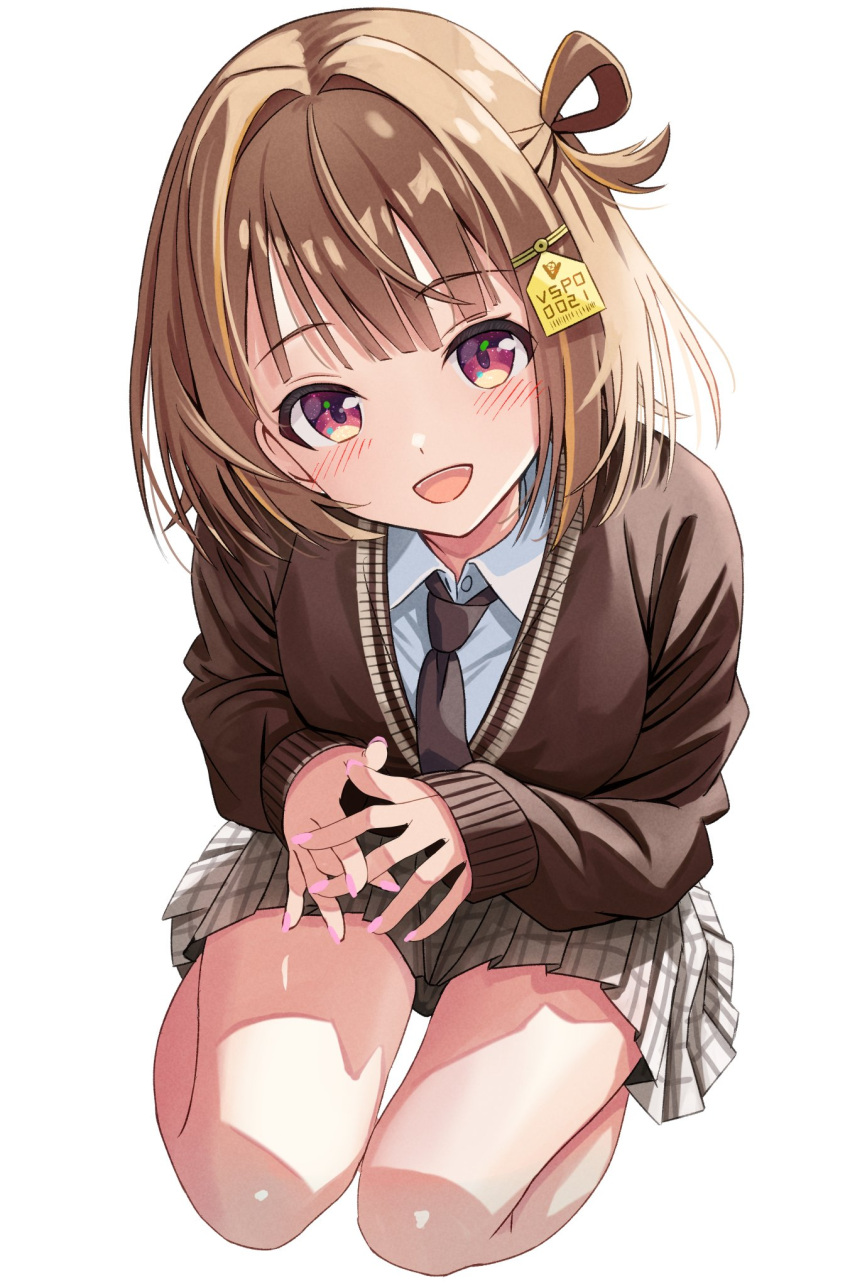 1girl, brown_hair, brown_sweater, collared_shirt, from_above, hair_intakes, hair_ornament, highres
