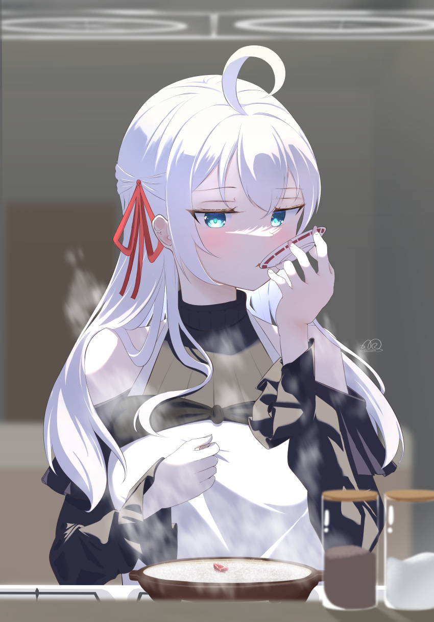 1girl, absurdres, ahoge, alisa_mikhailovna_kujou, apron, black_dress, blue_eyes, dress, food, grey_hair, hair_ribbon, highres, long_hair, red_ribbon, ribbon, solo, steam, tokidoki_bosotto_roshia-go_de_dereru_tonari_no_alya-san, yue_(user_csgz8434)