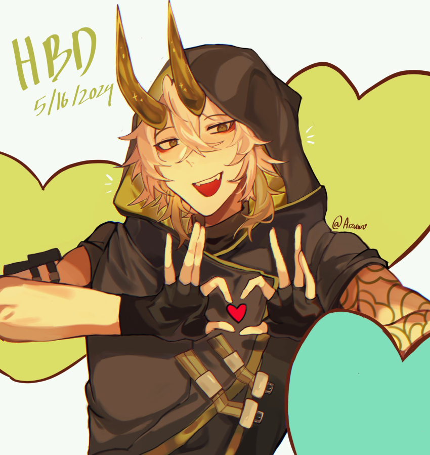 1boy, 3chowve, arm_tattoo, artist_name, black_cloak, black_gloves, cloak, colored_skin, dated, english_text, fingerless_gloves, gloves, green_hair, green_horns, happy_birthday, heart, heart_hands, highres, horns, phighting!, roblox, shuriken_(phighting!), solo, tattoo, white_hair, white_skin