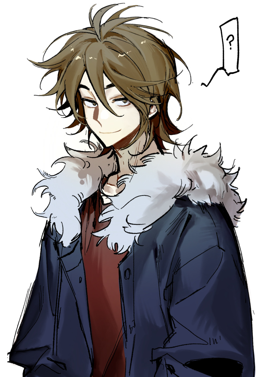 1boy, ?, alternate_eye_color, blue_jacket, brown_eyes, brown_hair, closed_mouth, fur-trimmed_jacket