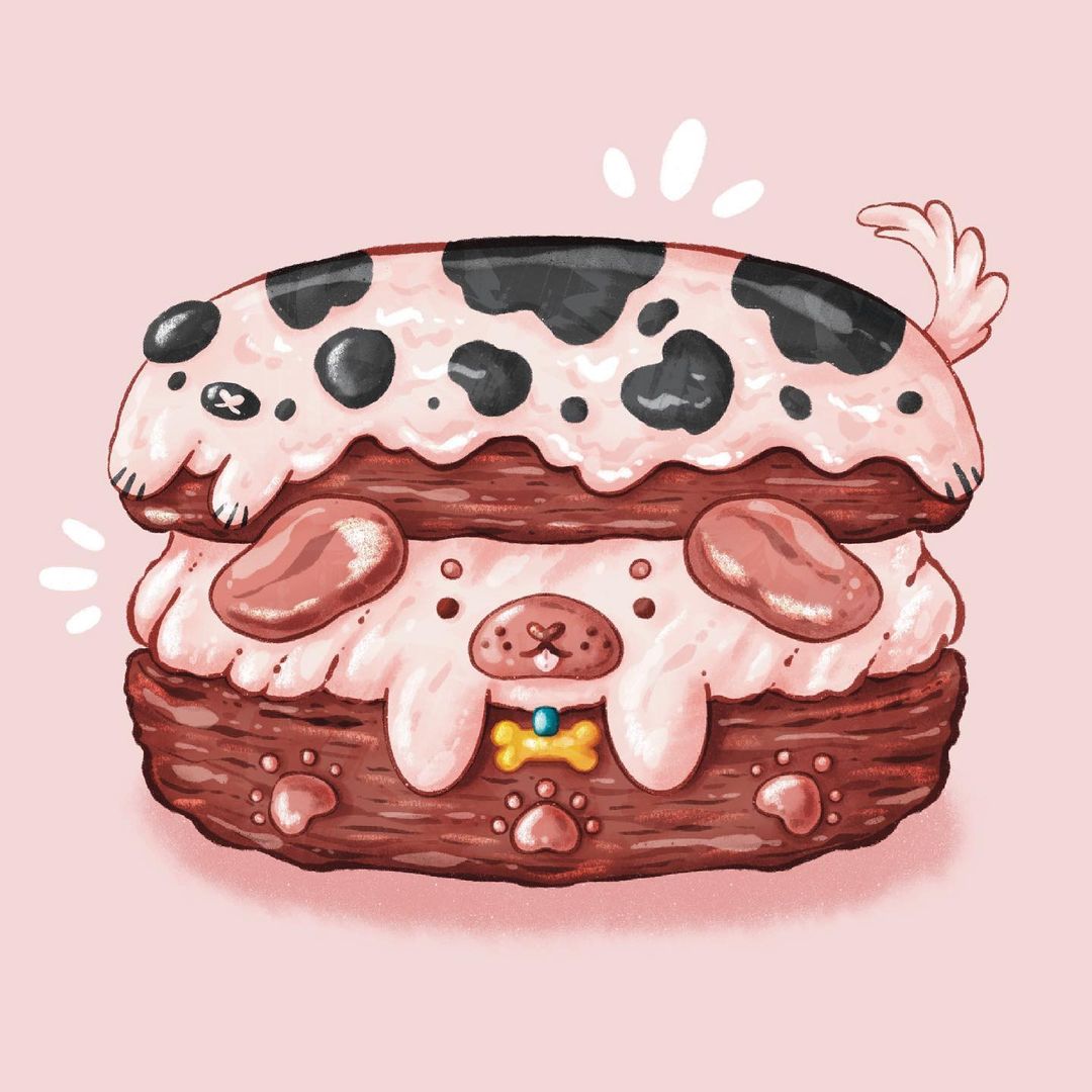 abbey_and_bear, animal-themed_food, bone, brown_eyes, commentary, dog, eclair_(food), english_commentary