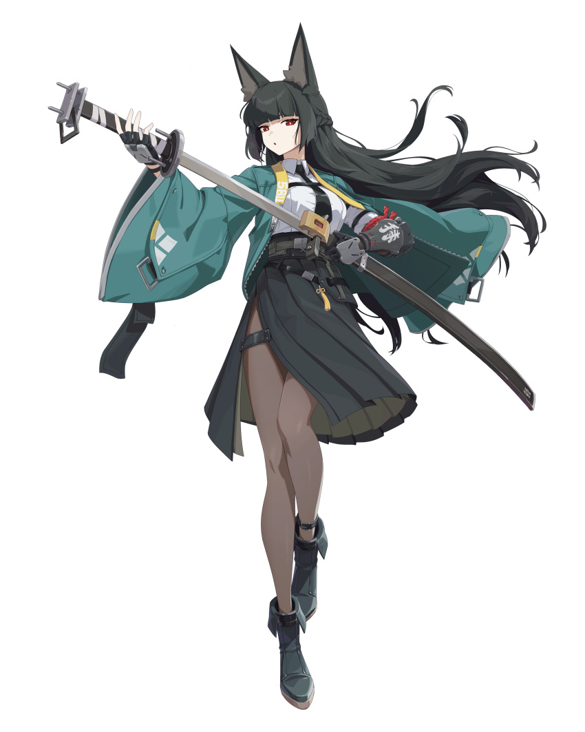1girl, absurdres, animal_ear_fluff, animal_ears, asymmetrical_gloves, black_footwear, black_gloves, black_hair
