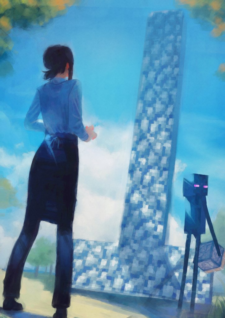 1girl, apron, black_hair, black_pants, block_(minecraft), blue_sky, burgertingz, chainsaw_man