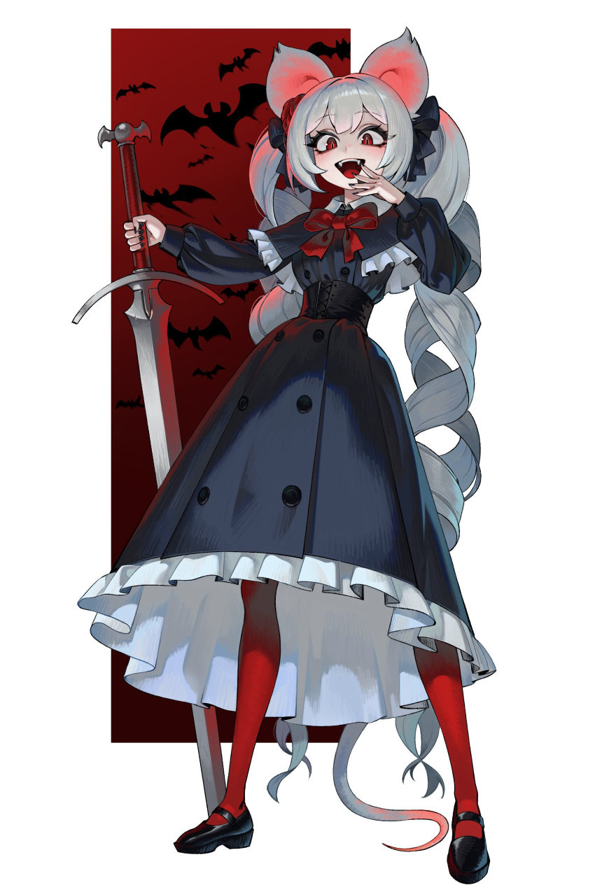 1girl, absurdres, animal_ears, bat_(animal), black_capelet, black_dress, black_eyeshadow, black_footwear