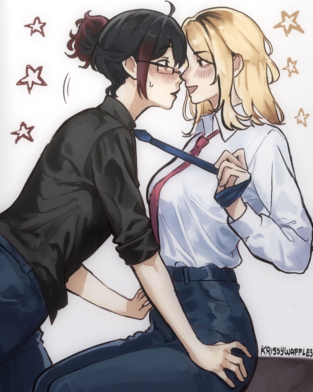 2girls, black_hair, black_shirt, blonde_hair, blue_necktie, blush, class_of_09, clothes_grab