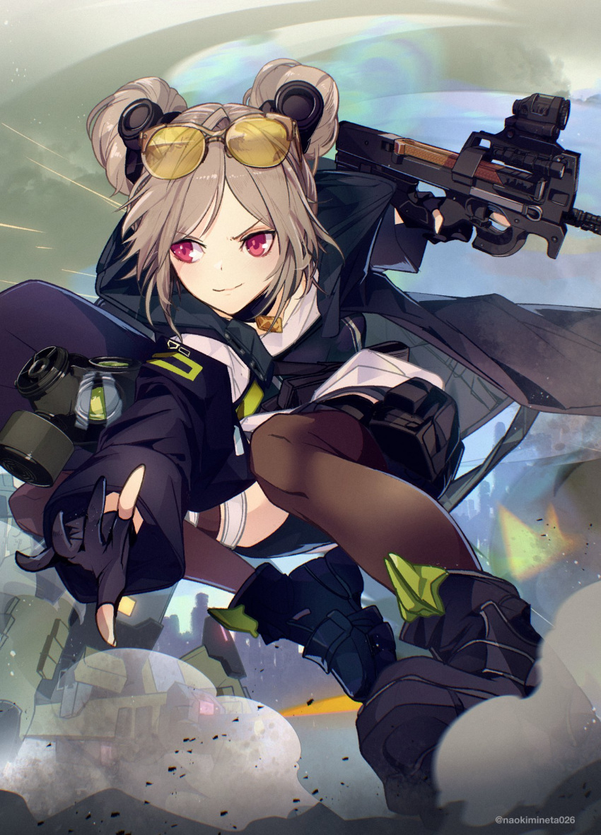 1girl, artist_name, black_coat, black_footwear, black_gloves, black_thighhighs, boots, bullpup
