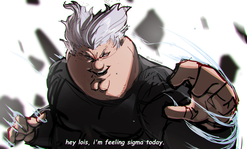 1boy, absurdres, black_shirt, cleft_chin, cosplay, english_text, family_guy, fat