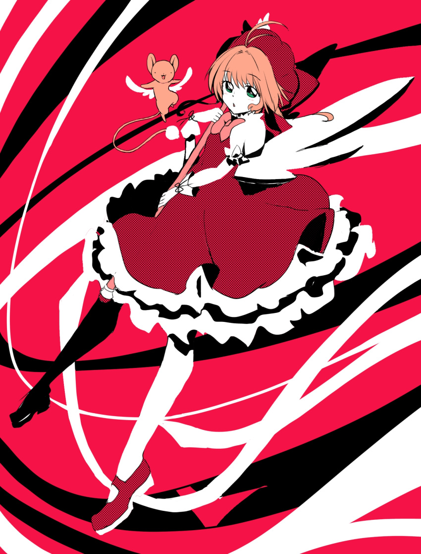 1girl, antenna_hair, bow, cardcaptor_sakura, creature, dress, dress_bow, feathered_wings