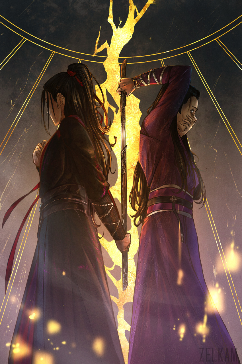 2boys, absurdres, arm_behind_head, arm_up, artist_name, back-to-back, backlighting, black_hair